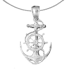 Sterling Silver Anchor With Ships Wheel Pendant (Rhodium or Yellow Gold-plated)