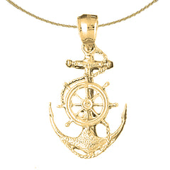 Sterling Silver Anchor With Ships Wheel Pendant (Rhodium or Yellow Gold-plated)