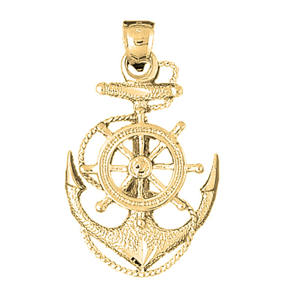 Yellow Gold-plated Silver Anchor With Ships Wheel Pendant