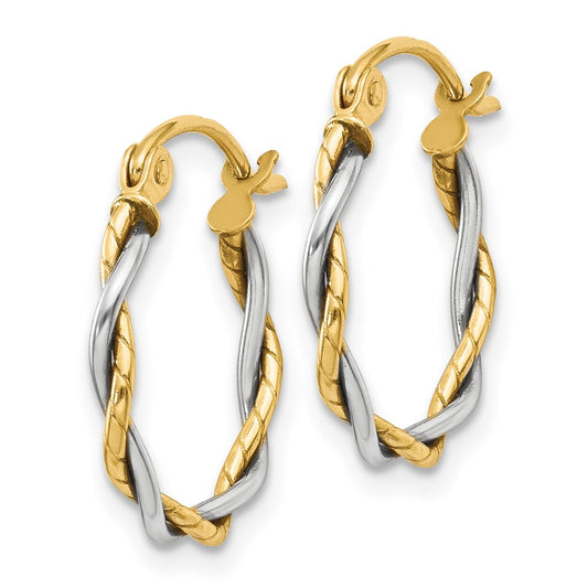10K Two-Tone Gold Polished 1.8mm Twisted Hoop Earrings