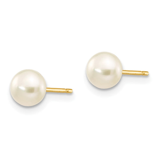 10K Yellow Gold 5-6mm White Button FWC Pearl Stud Post Earrings