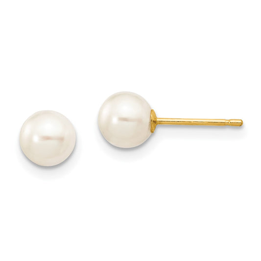 10K Yellow Gold 5-6mm White Round FWC Pearl Stud Post Earrings
