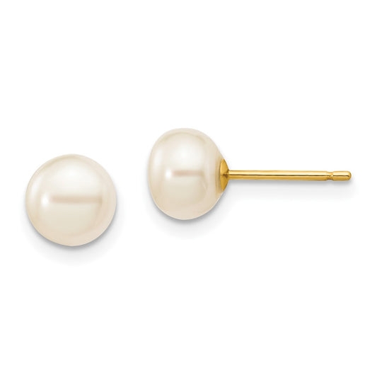 10K Yellow Gold 6-7mm White Button FWC Pearl Stud Post Earrings