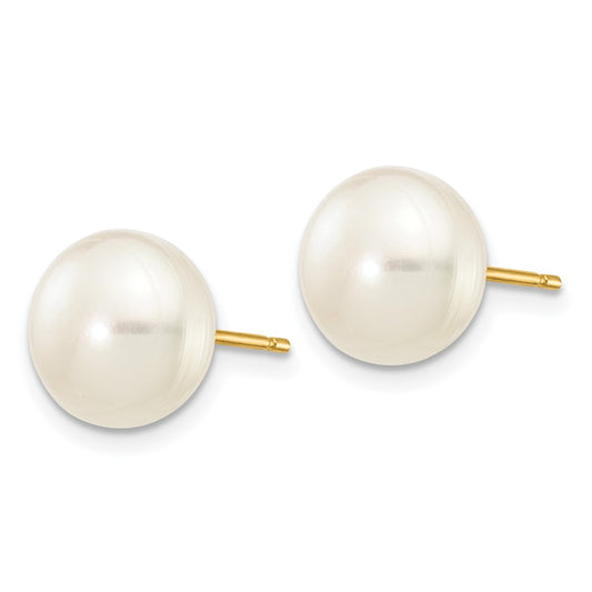 10K Yellow Gold 8-9mm White Button FWC Pearl Stud Post Earrings