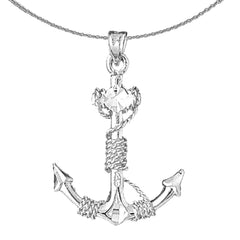 Colgante 3D de ancla con cuerda de plata de ley (bañado en rodio o oro amarillo)