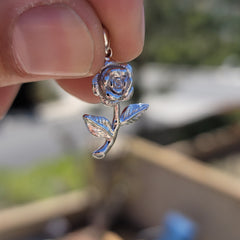 Sterling Silver Long Stem Rose Pendant (Rhodium or Yellow Gold-plated)