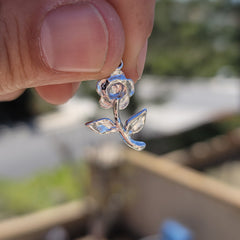 Sterling Silver Long Stem Rose Pendant (Rhodium or Yellow Gold-plated)