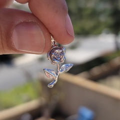 Sterling Silver Long Stem Rose Pendant (Rhodium or Yellow Gold-plated)