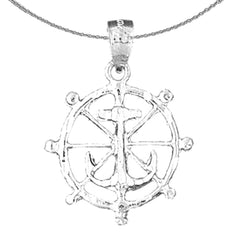 Sterling Silver Ships Wheel With Anchor Pendant (Rhodium or Yellow Gold-plated)