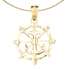 Sterling Silver Ships Wheel With Anchor Pendant (Rhodium or Yellow Gold-plated)