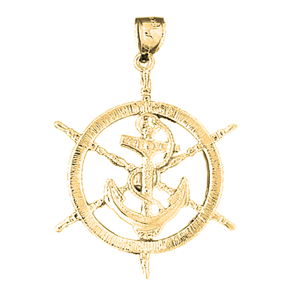Yellow Gold-plated Silver Ships Wheel With Anchor Pendant