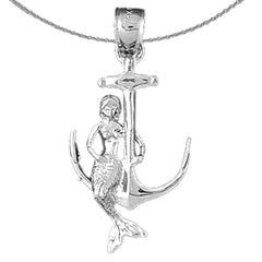 Sterling Silver Mermaid And Anchor Pendant (Rhodium or Yellow Gold-plated)