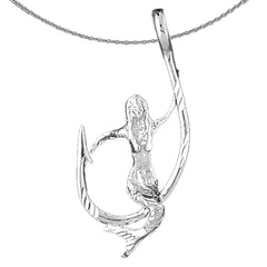 Sterling Silver Mermaid And Fish Hook Pendant (Rhodium or Yellow Gold-plated)