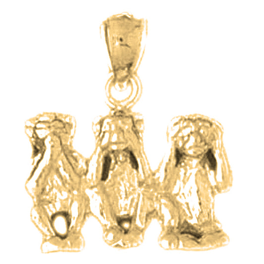 Yellow Gold-plated Silver 3D Monkey - Hear, See, and Speak No Evil Pendant