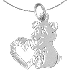 Sterling Silver Teddy Bear With Heart Pendant (Rhodium or Yellow Gold-plated)