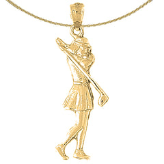 Sterling Silver Lady Golfer Pendant (Rhodium or Yellow Gold-plated)