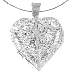 Sterling Silver 3D Filigree Heart Pendant (Rhodium or Yellow Gold-plated)