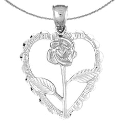 Sterling Silver Heart With Rose Pendant (Rhodium or Yellow Gold-plated)