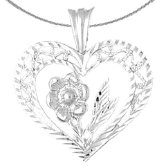 Sterling Silver Heart With Rose Pendant (Rhodium or Yellow Gold-plated)