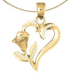 Sterling Silver Heart With Rose Pendant (Rhodium or Yellow Gold-plated)