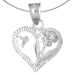 Sterling Silver Heart With Rose Pendant (Rhodium or Yellow Gold-plated)