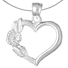 Sterling Silver Heart With Rose Pendant (Rhodium or Yellow Gold-plated)
