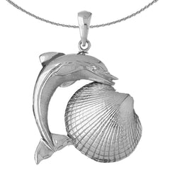 Sterling Silver Shell With Dolphin Pendant (Rhodium or Yellow Gold-plated)