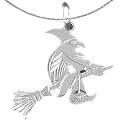 Sterling Silver Witch On Broom Pendant (Rhodium or Yellow Gold-plated)