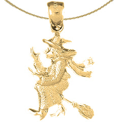 Sterling Silver Witch On Broom Pendant (Rhodium or Yellow Gold-plated)