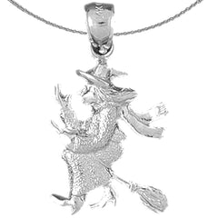 Sterling Silver Witch On Broom Pendant (Rhodium or Yellow Gold-plated)