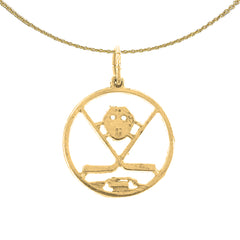Colgante de plata de ley con máscara de hockey, palos y disco (chapado en rodio o oro amarillo)