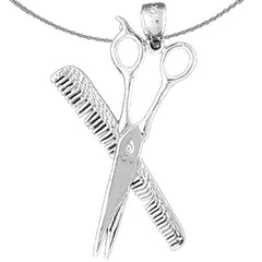 Sterling Silver Scissors And Comb Pendant (Rhodium or Yellow Gold-plated)