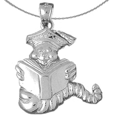 Sterling Silver Book Worm Pendant (Rhodium or Yellow Gold-plated)