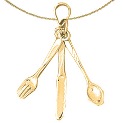 Sterling Silver 3D Utensil Set, Fork, Knife, And Spoon Pendant (Rhodium or Yellow Gold-plated)