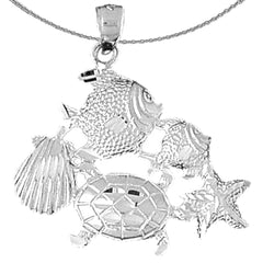 Sterling Silver Turtle, Starfish, Tropical Fish, And Shell Pendant (Rhodium or Yellow Gold-plated)