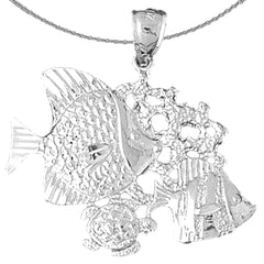 Sterling Silver Tropical Fish, Coral And Turtle Pendant (Rhodium or Yellow Gold-plated)