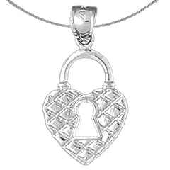 Sterling Silver Heart Padlock, Lock Pendant (Rhodium or Yellow Gold-plated)