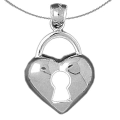 Sterling Silver Heart Padlock, Lock Pendant (Rhodium or Yellow Gold-plated)