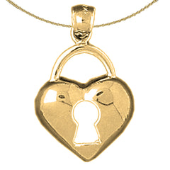 Sterling Silver Heart Padlock, Lock Pendant (Rhodium or Yellow Gold-plated)