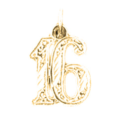 Yellow Gold-plated Silver Number Sixteen, #16 Pendant