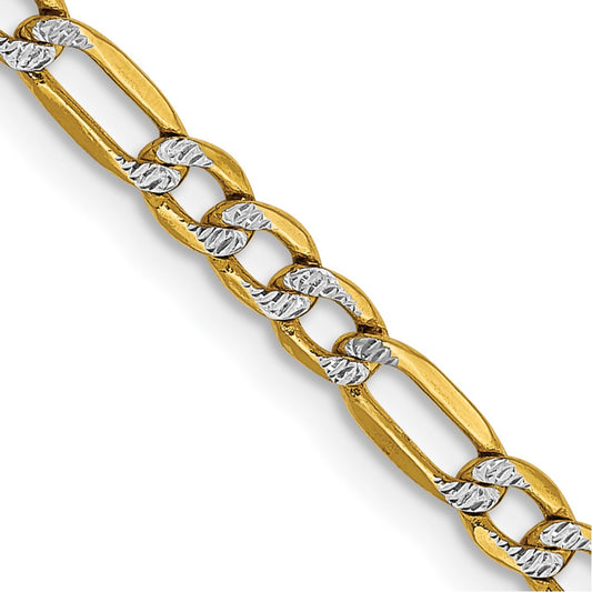 14K Yellow Gold 3.2mm Semi-solid with Rhodium Pave Figaro Chain