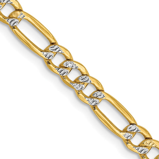 14K Yellow Gold 3.9mm Semi-solid with Rhodium Pave Figaro Chain