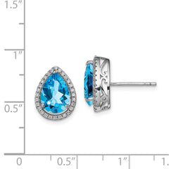 Rhodium-plated Sterling Silver Blue Topaz & CZ Post Earrings