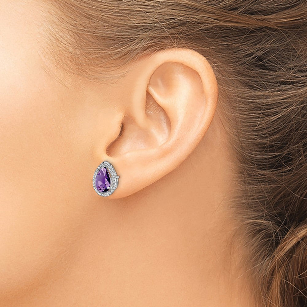 Rhodium-plated Sterling Silver Amethyst & CZ Post Earrings