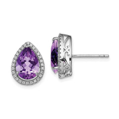 Rhodium-plated Sterling Silver Amethyst & CZ Post Earrings