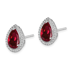 Rhodium-plated Sterling Silver CZ and Lab Created Ruby Pear Post Earrings