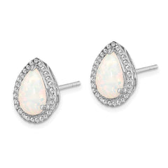 Rhodium-plated Sterling Silver Simulated Opal & CZ Post Earrings