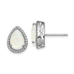Rhodium-plated Sterling Silver Simulated Opal & CZ Post Earrings