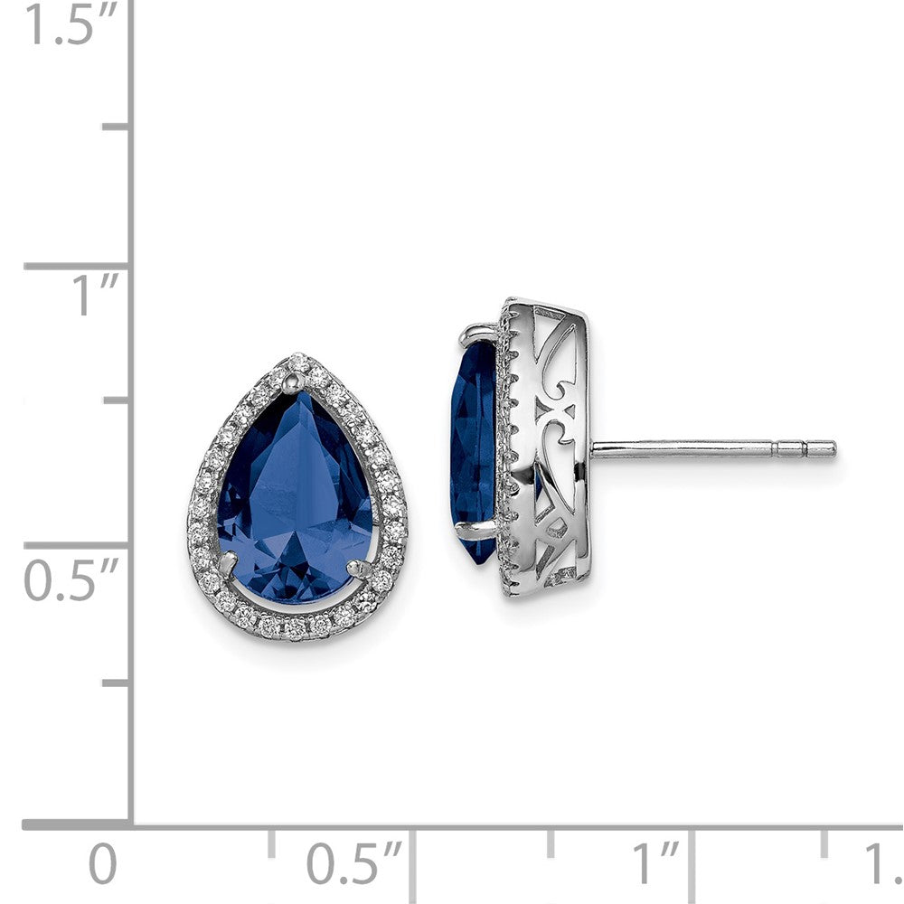 Rhodium-plated Sterling Silver Created Sapphire & CZ Post Earrings