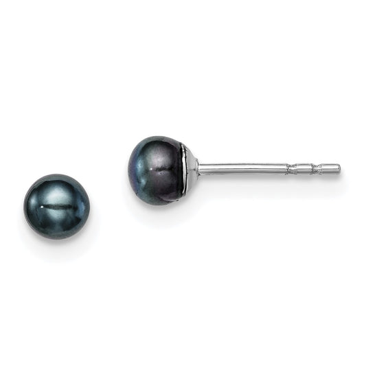 Rhodium-plated Silver 3-4mm Black FWC Button Pearl Stud Earrings